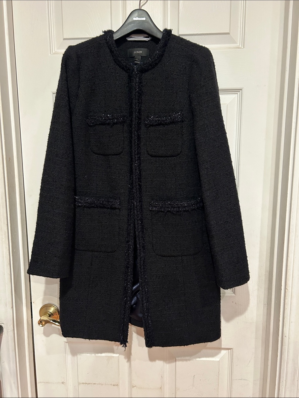 J. Crew Black Tweed Collarless Coat with Fringe Trim